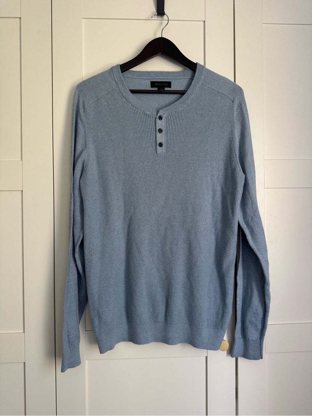 RW&CO Men’s Large 100% Cotton Blue Waffle Knit Henley Sweater Business Casual